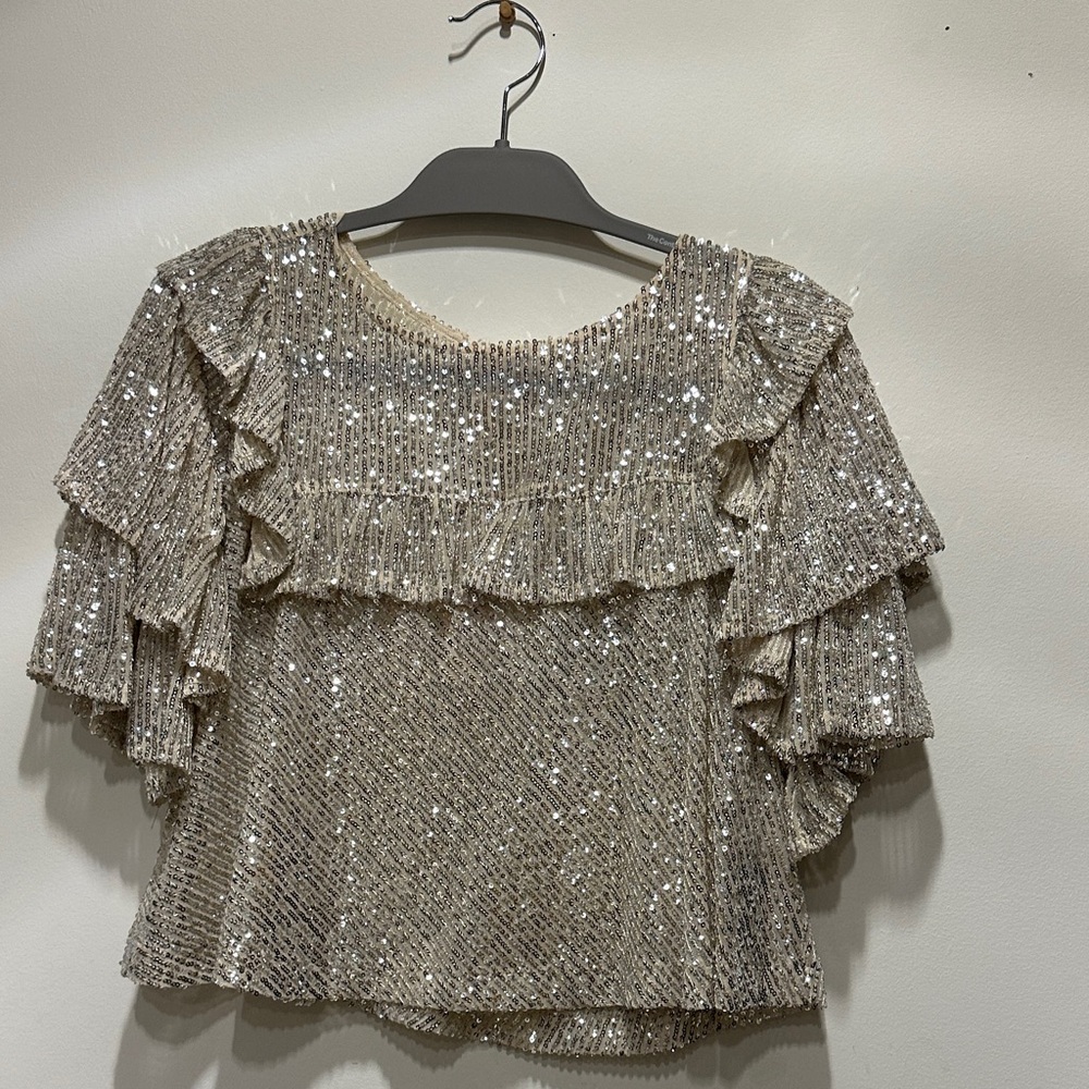 Free People Silver Sequin Ruffle Blouse